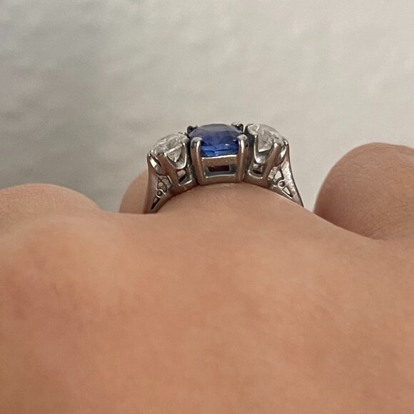 On hold - Sapphire and Diamond Three Stone Platinum Ring 0.60ct + 1.60ct sz 7 - Picture 8 of 10